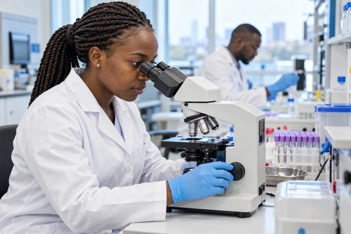 African laboratory technologist working at a microscope