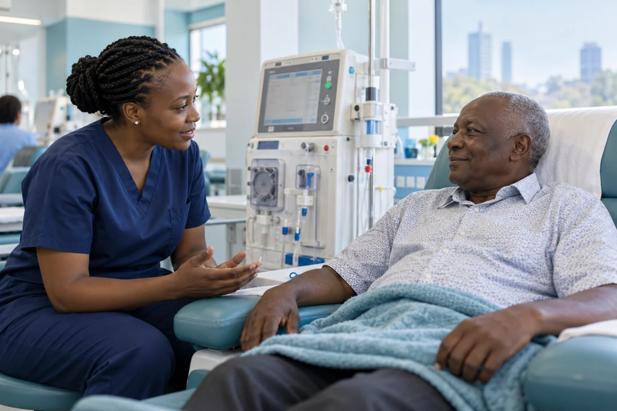 African renal nurse speaking with a patient beside a dialysis machine