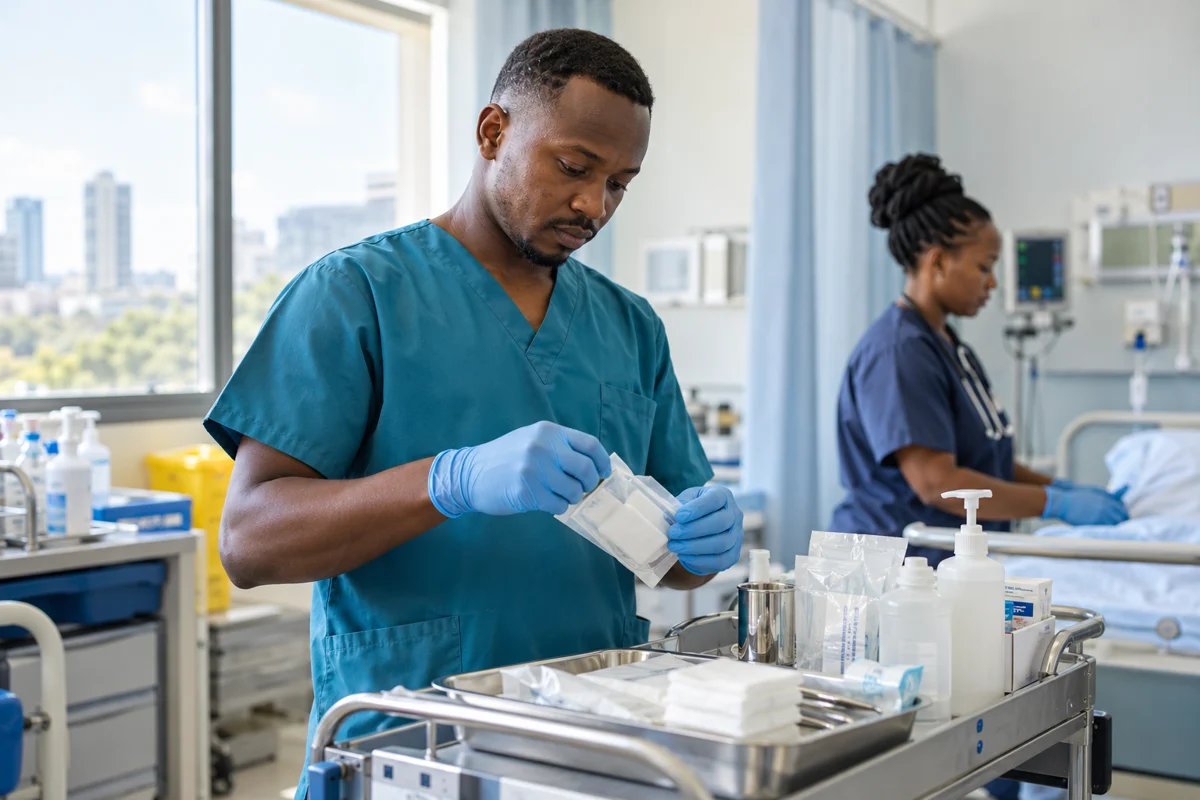 African nurse preparing clinical dressings and medical supplies