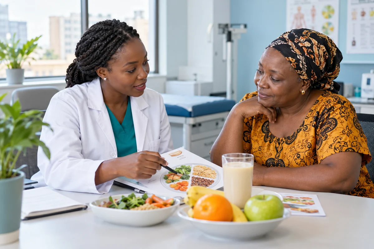 African dietitian discussing nutrition with a patient