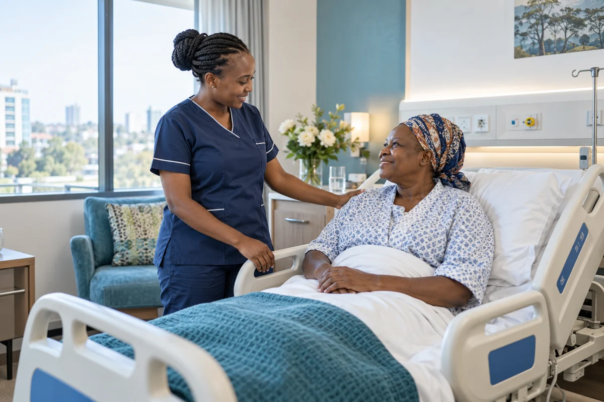 African nurse caring for a patient in a modern hospital bed