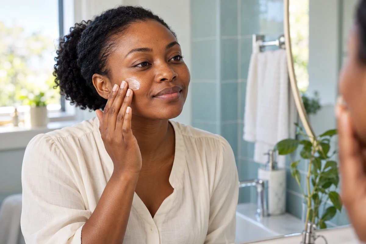 African woman applying moisturiser during her daily skincare routine