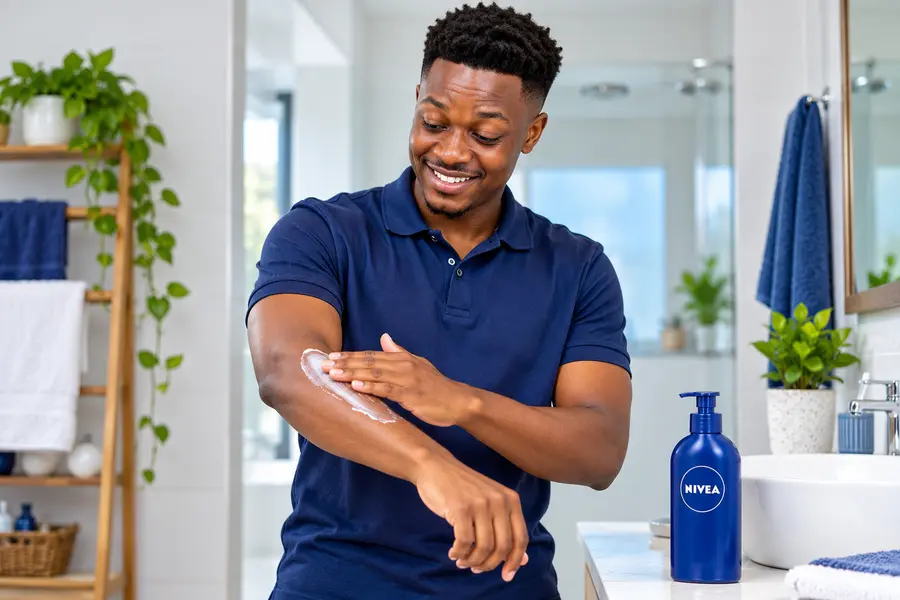 Man applying Nivea body lotion