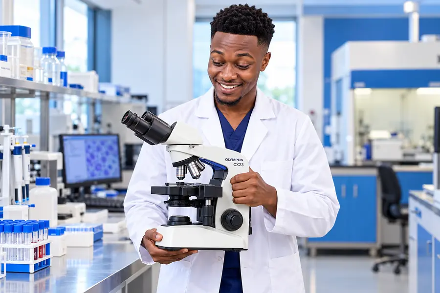 Laboratory professional holding an Olympus CX23 microscope