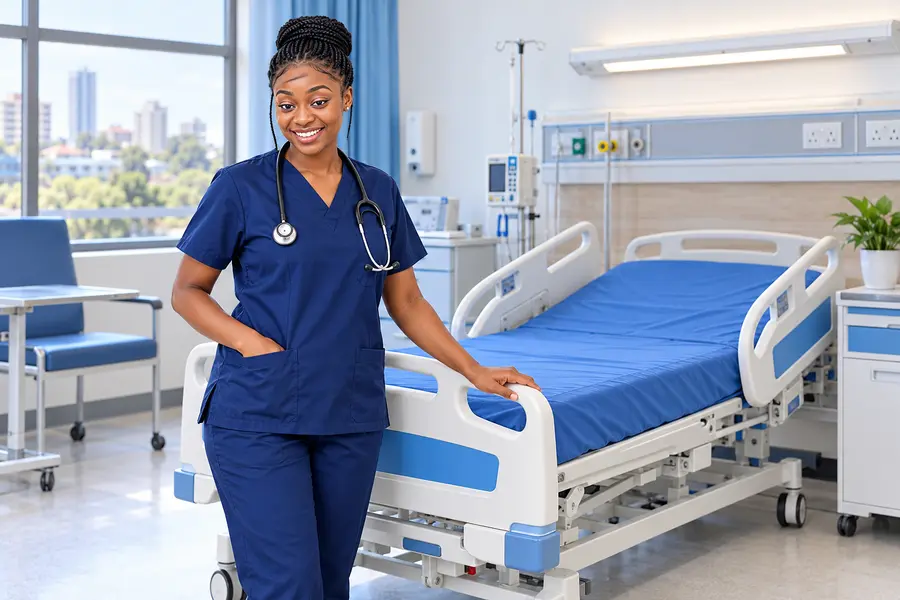 Healthcare worker beside an adjustable hospital bed