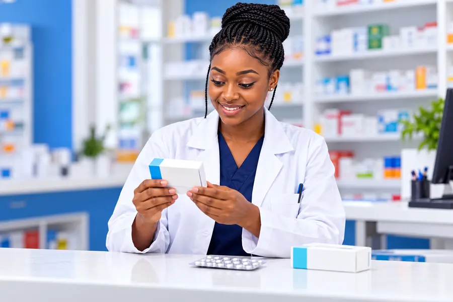 Pharmacist reviewing packaged medicines