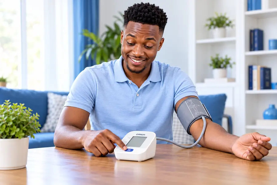 Man using an Omron blood pressure monitor
