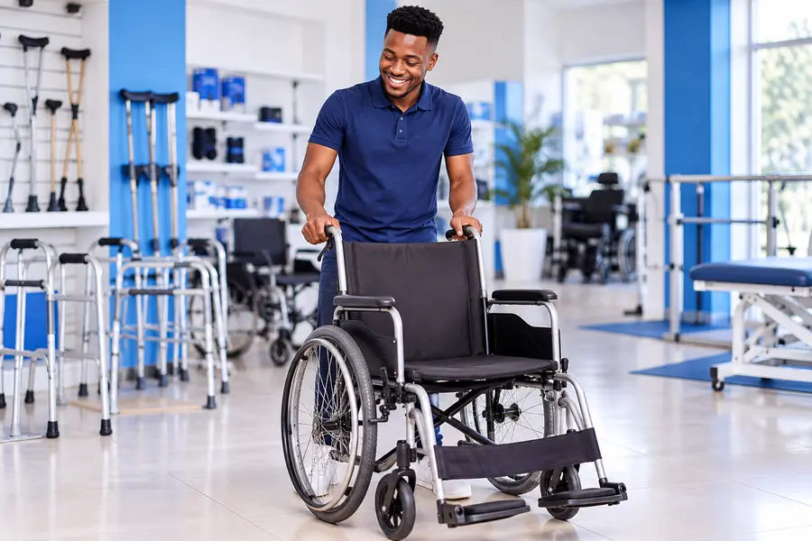 Man presenting a manual wheelchair