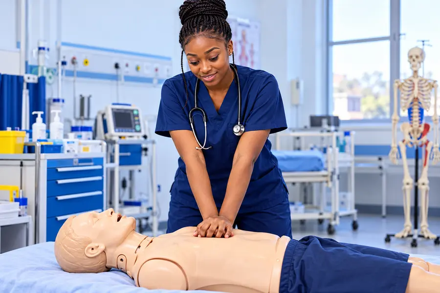 Nurse practising with a CPR training manikin