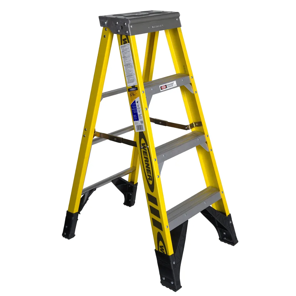Fiberglass Step Ladder With Aluminium Steps - 4 Steps, Red, Yellow