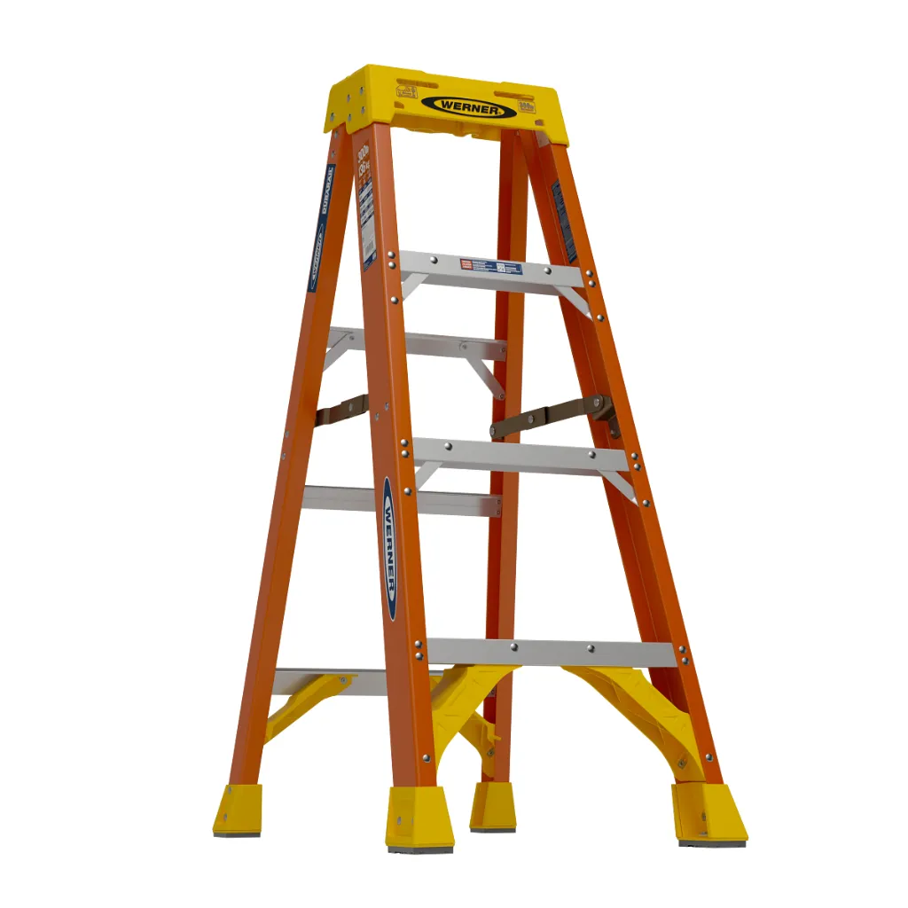 Fiberglass Step Ladder With Aluminium Steps - 4 Steps, Red, Yellow