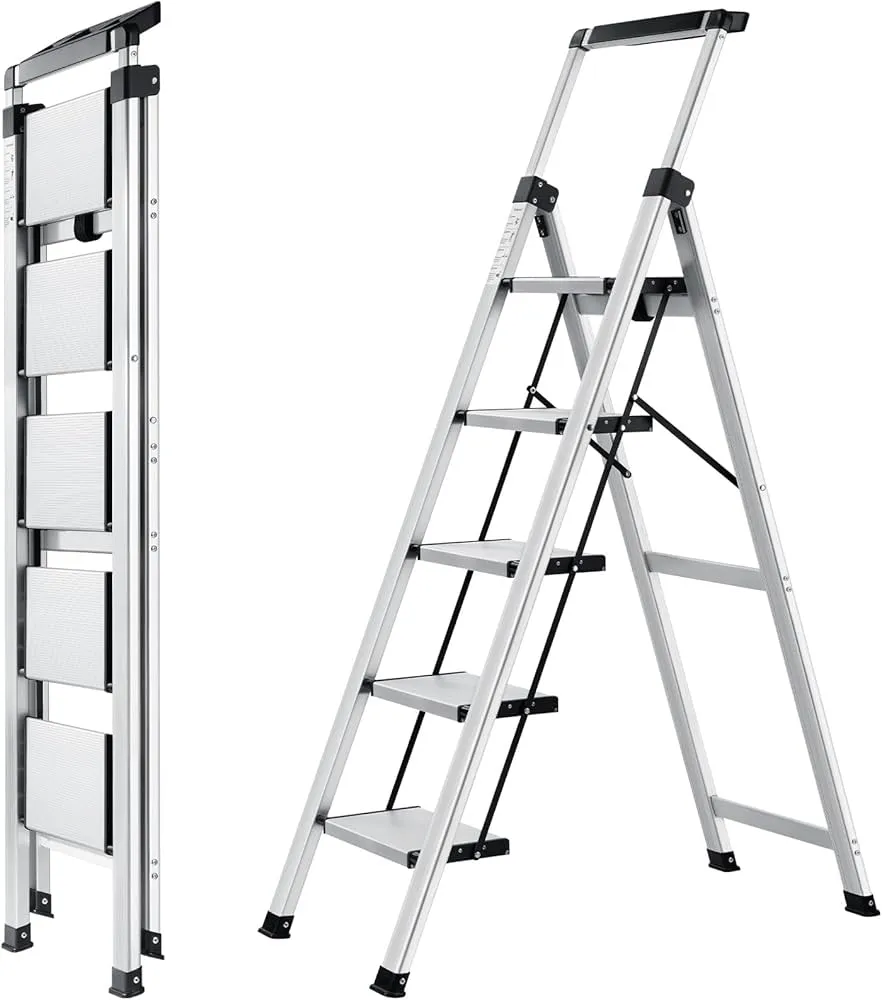 Aluminum Household Step Ladder 5 Step With 14Cm Width Steps Extension