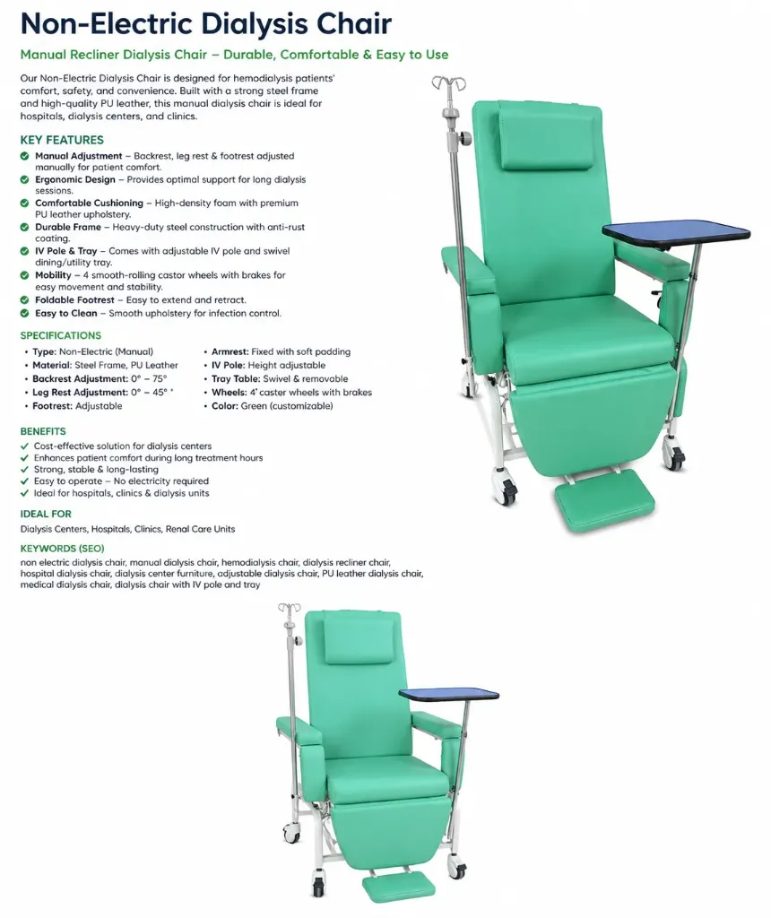 Non-Electric Dialysis Chair – Manual Reclining Hemodialysis ChairDialysis Chair-Non-electric