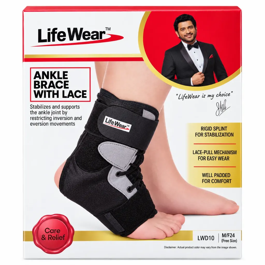 LifeWear Ankle Brace With Lace – Adjustable Ankle Support for Stability, Injury Recovery & Sports (Small)